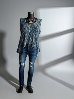 Vintage Y2K Pomodoro Heavy Cotton Pintuck Top Blue Floral Boho Shell Blouse 16